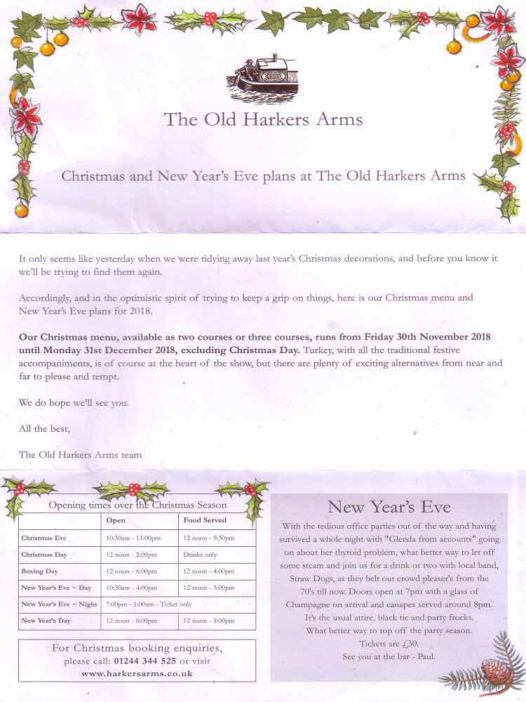 Chestertourist.com - Old Harkers Arms Food Christmas Menu 1